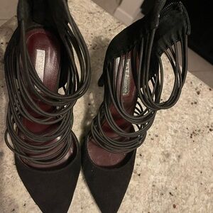 BCBGMaxAzria Strappy Pointed Toe Black Suede Heels